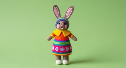 A charming, felt rabbit doll, vividly colored, stands proudly against a vibrant green backdrop.