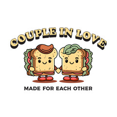 Whimsical illustration of two sandwiches in love, a cute and charming food couple holding hands, perfect for romantic themes and anniversaries