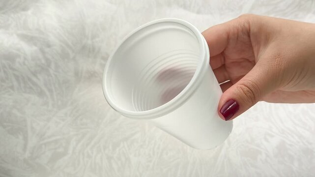 White disposable plastic cups for drinks in a woman's hand. The use of disposable tableware in public catering.