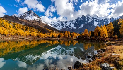 Majestic mountain range reflects in still lake, surrounded by golden trees under a dramatic cloudy sky