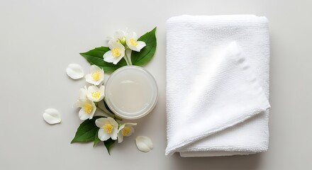 Botanical serene spa composition featuring a white towel and jasmine essence