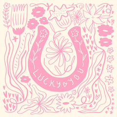 Lucky You Horseshoe Lettering Sign Floral Illustration with Psychedelic Vibe Boho Vector Clipart Ornate Illustrated Composition Background Print