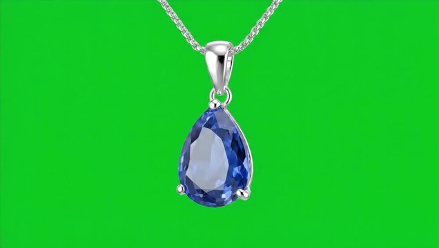 Elegant pear-shaped blue sapphire pendant necklace with a classic silver setting, isolated on a bright green screen background for chroma key compositing