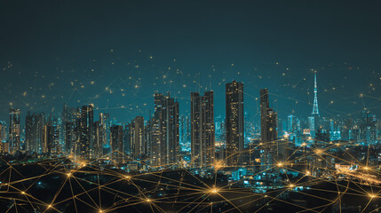 Fototapeta premium Twilight a city of modern business and smart digital innovation with a network of interconnected rewards over the cityscape of the future smart wireless digital city and social media network