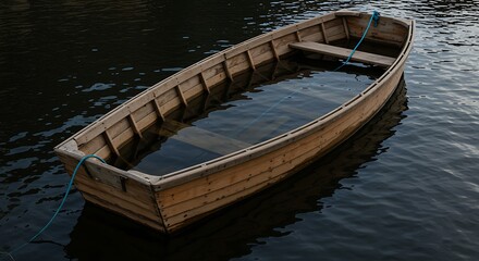 Naklejka premium Sunken wooden rowboat partially filled with dark water tied with blue rope sinking submerged
