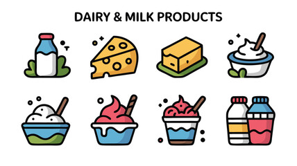 A Collection of Whimsical Flat Icons Representing Dairy and Milk Products in a Fun and Playful Style