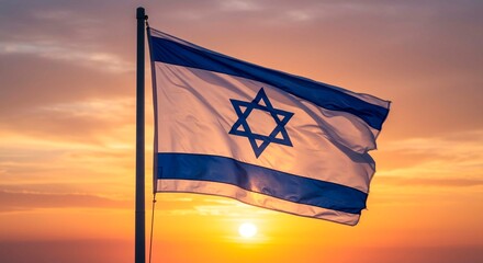 Israeli flag waving in the wind against a backdrop of a vibrant sunset with orange and yellow hues