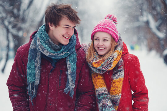 Happy Young Couple Walking in the Snow, Wearing Colorful Winter Coats and Scarves, Soft Overcast Light, Candid Photography Style, Winter Lifestyle and Seasonal Joy - Powered by Adobe