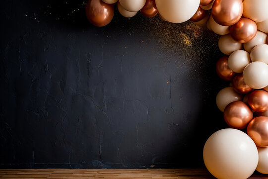 Dark textured wall with copper and cream balloon arch - Powered by Adobe