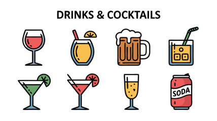 Collection of Illustrated Drinks and Cocktails with Wine Beer Juice Martini and Soda Can Icons