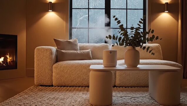 Serene living space featuring a comfortable sofa, glowing fireplace, and an aroma diffuser for a peaceful, rainy night in