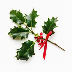 Fototapeta premium Mistletoe branch christmas leaves ribbon.