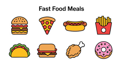 Collection of Delicious Fast Food Meal Icons for Digital and Print Design Projects Engaging Visuals for Menus and Advertising