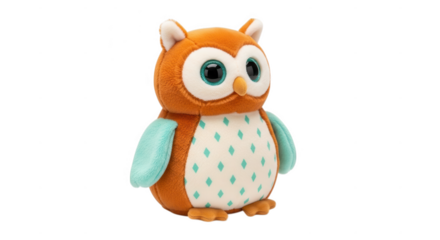 Cute plush owl toy with diamond pattern isolated on transparent background