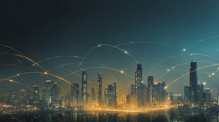  Twilight a city of modern business and smart digital innovation with a network of interconnected rewards over the cityscape of the future smart wireless digital city and social media network