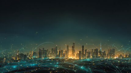 Fototapeta premium Twilight a city of modern business and smart digital innovation with a network of interconnected rewards over the cityscape of the future smart wireless digital city and social media network