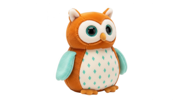 Cute plush owl toy with diamond pattern isolated on transparent background