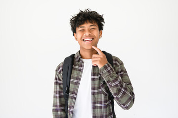 adorable thai student wearing student isolated on white background, Portrait children boy Back to school