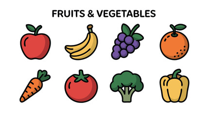 A Collection of Healthy Fresh Fruit and Vegetable Icons for Nutrition and Diet Related Projects