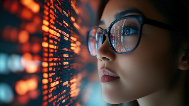 Analyzing data trends young asian woman in glasses focused on analytics in tech environment - Powered by Adobe