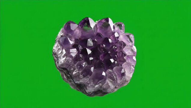 Stunning natural geode of an amethyst quartz mineral specimen. A precious raw gemstone with a deep purple crystalline structure isolated on a green screen background