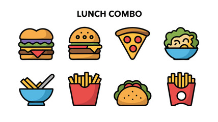 A Collection of Delicious Fast Food Meal Icons Featuring Burgers Fries Pizza Salad and Tacos for Your Menu Design