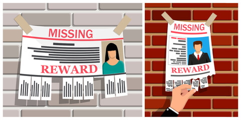 Missing person man, woman poster with reward. Lost search information on wall. Public announcement with tear off strips.