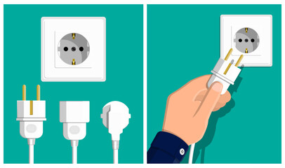 Man hand plugging electrical power cord into wall socket. Domestic electricity supply concept. Energy and connection.