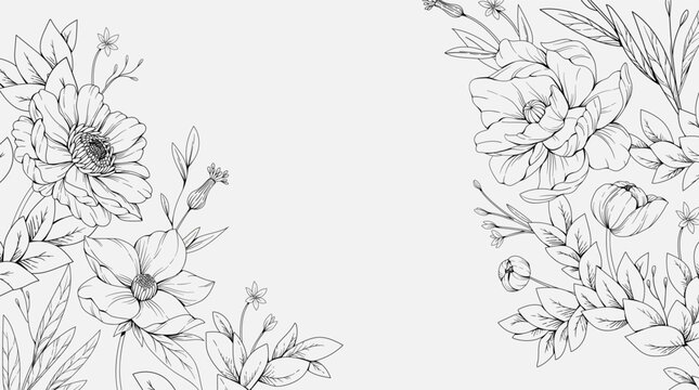 Floral bakground or wallpaper with tender flowers and leaves. Botanical foliage for wedding invitation or wall art. Vector illustration