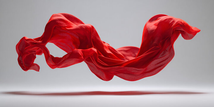 Crimson silk fabric suspended in air with gentle motion folds and twists creating dynamic shapes against a dark background