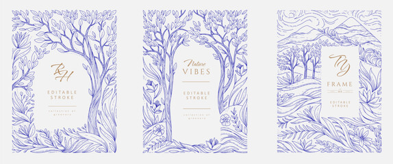Set of frame illustrated with landscape and floral elements. Elegant collection of brochures for wedding invitation, wallpaper art or save the date card. Editable stroke