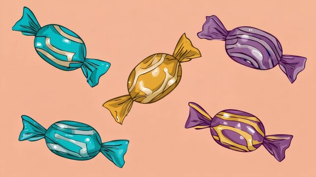 Colorful Wrapped Candies on Pastel Confectionery Pattern Illustration