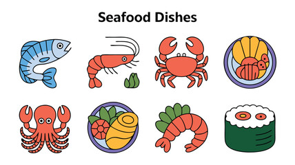 A Colorful Collection of Seafood Icons Featuring Delicious Ocean Delicacies
