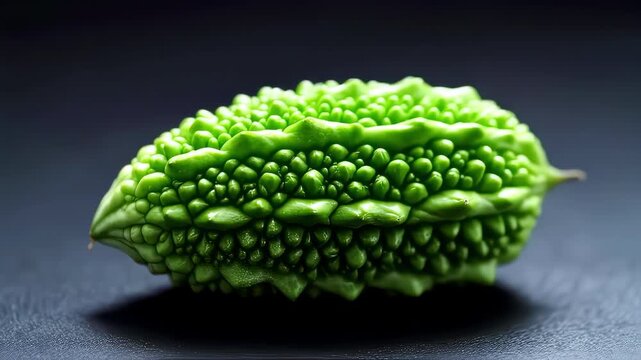 Bitter Gourd on Dark Backdrop: A close-up studio shot showcases the intricate textures and vibrant green hue of a fresh, unblemished bitter gourd, set against a dark, dramatic backdrop.
