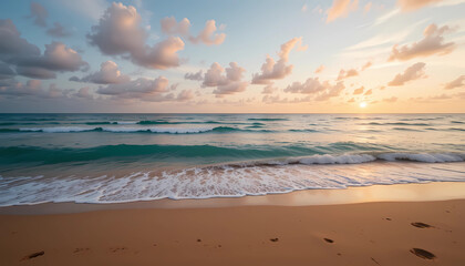 Golden sunrise over the ocean with gentle waves and a sandy beach, creating a serene and peaceful scene