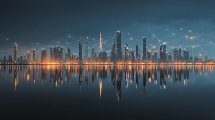  Twilight a city of modern business and smart digital innovation with a network of interconnected rewards over the cityscape of the future smart wireless digital city and social media network