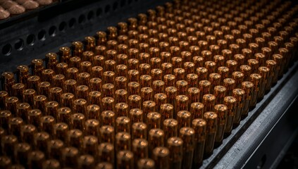 Obraz premium Ammunition casings line up on a production line, ready for distribution and use, a golden hue