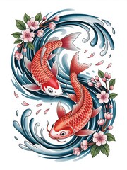 Fototapeta premium Watercolor koi fish with cherry blossoms in swirling water