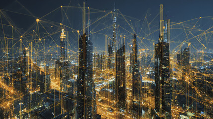  Twilight a city of modern business and smart digital innovation with a network of interconnected rewards over the cityscape of the future smart wireless digital city and social media network