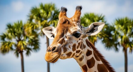 Obraz premium Majestic Giraffe Portrait Amidst Tropical Palm Backdrop Scene Capture