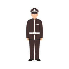 British police officer standing at attention in formal uniform with custodian helmet for law and order themes or government campaigns.