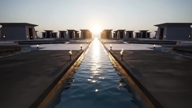 A majestic sunrise casting a golden glow over a grand ancient temple, with a central reflecting pool leading to the horizon