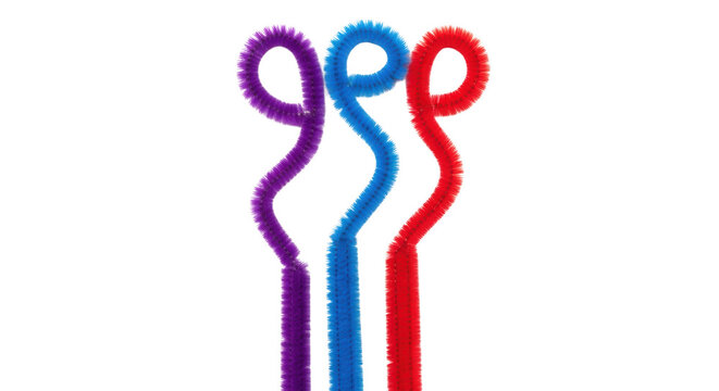 Three colorful pipe cleaners isolated on transparent background