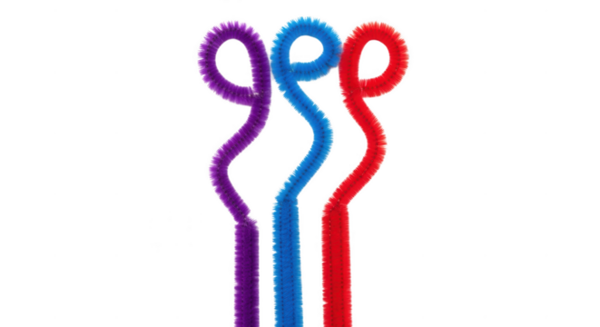 Three colorful pipe cleaners isolated on transparent background