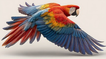 Obraz premium Stunning high-speed photograph of a scarlet macaw in full flight, its vibrant red, blue, and yellow wings spread wide against a white background.