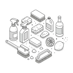 cleaning supplies arrangement of cleaning supplies including brushes lemons and cleaning agents perfect for illustrating home care and hygiene.
