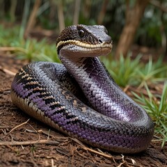 Striking purple and black snake coiled