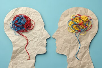 Crumpled Paper Head Silhouettes with Tangled Strings – Mental Complexity, Emotional Communication, Cognitive Interaction Concept Illustration