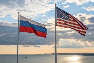 Russia and U.S. Flags Flying Side by Side – International Relations, Diplomatic Symbolism, Global Politics, Bilateral Engagement Concept