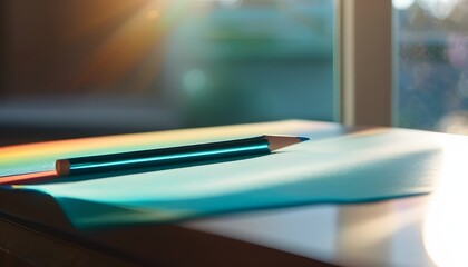 Teal Pencil on Colorful Notebook
